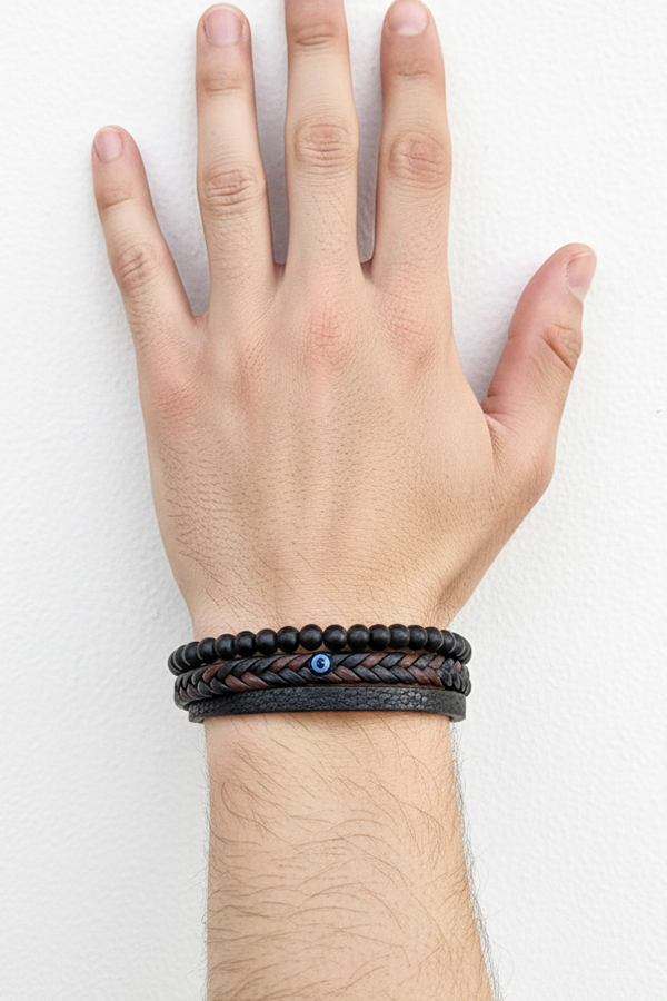 Men's Layered Leather Bracelet with Evil Eye Talisman