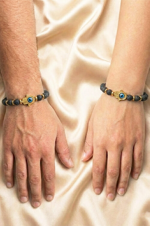 Unisex Black Lava Stone Bracelet with Gold Hamsa Evil Eye Charm