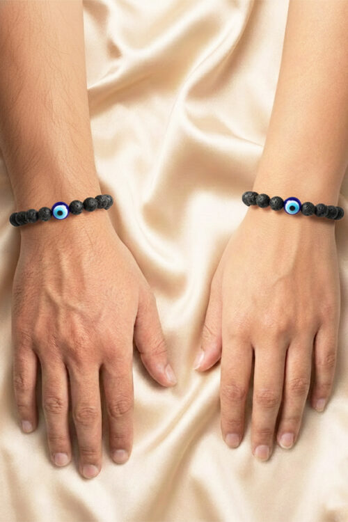Unisex Black Lava Stone Bracelet with Blue Evil Eye Talisman
