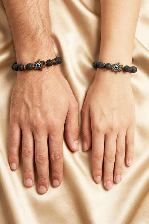 Unisex Black Lava Stone Bracelet with Hamsa Hand