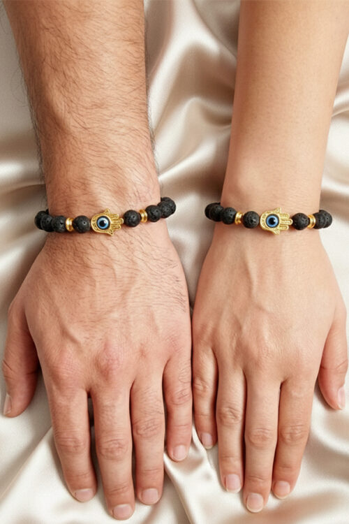 Unisex Black Lava Stone Bracelet with Gold Hamsa Evil Eye Charm