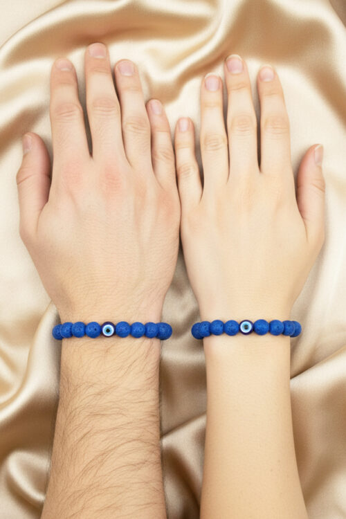 Unisex Blue Lava Stone Beaded Bracelet with Evil Eye Protection