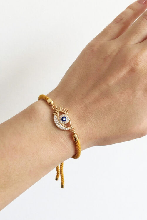 Adjustable Yellow Cord Bracelet with Pavé Crystal Evil Eye Charm