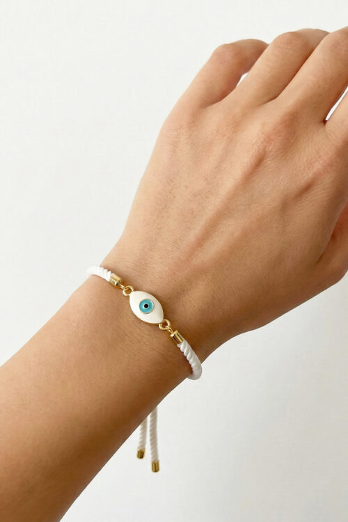 Adjustable White Rope Bracelet with Gold-Toned Enamel Evil Eye Charm