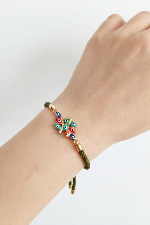 Olive Green Adjustable Cord Bracelet with Multi-Color Evil Eye Leaf Charm