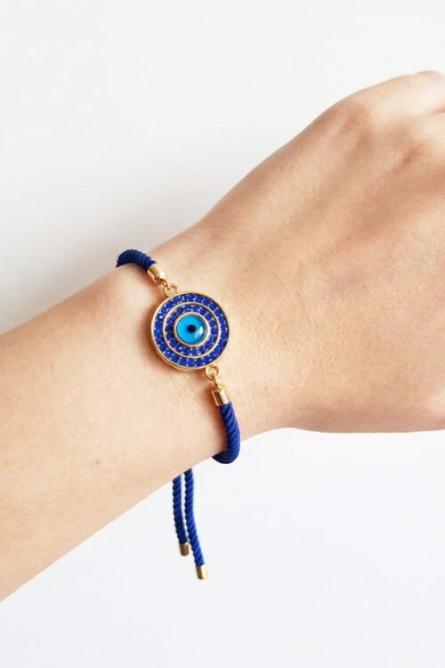 Adjustable Blue Cord Bracelet with Crystal-Studded Evil Eye Disc Charm