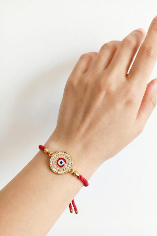 Red Rope Adjustable Bracelet with Crystal-Encrusted Evil Eye Charm