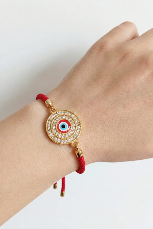 Adjustable Red Cord Bracelet with Crystal-Studded Evil Eye Charm