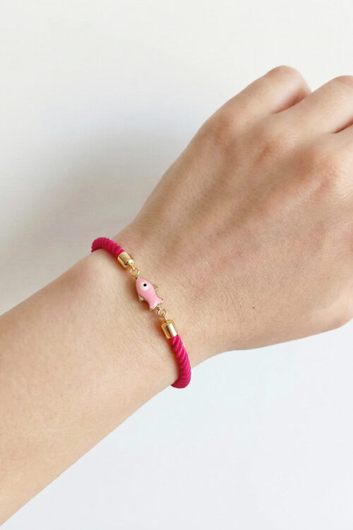 Adjustable Magenta Cord Bracelet with Enamel Fish Evil Eye Charm