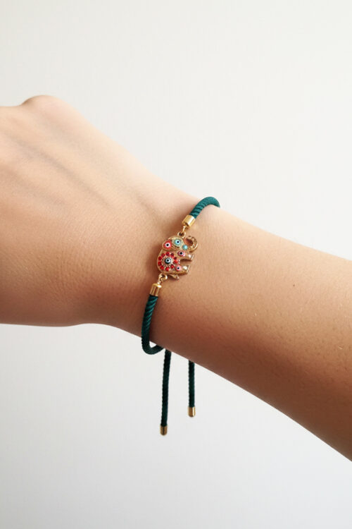 Emerald Green Adjustable Cord Bracelet with Enamel Elephant & Evil Eye