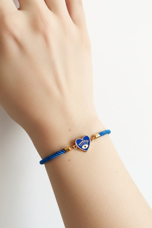 Adjustable Rope Bracelet with Enamel Heart & Evil Eye Charm