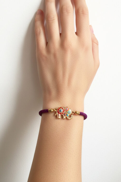 Adjustable Purple Cord Bracelet with Enamel Elephant & Evil Eye