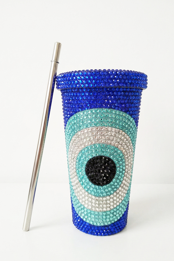 Blue Rhinestone Evil Eye Tumbler with Stainless Steel Straw