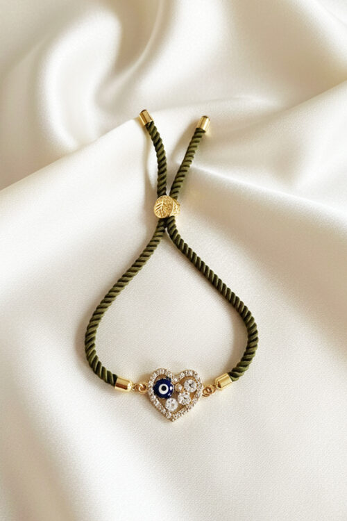 Olive Green Twisted Cord Evil Eye Heart Bracelet – Adjustable Gold-Tone Crystal Pave Charm for Protection & Style