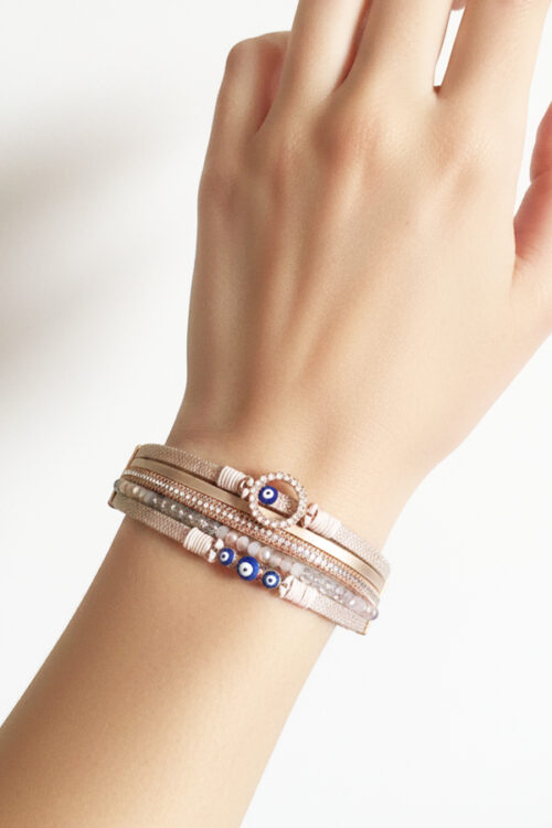Beige Stacked Bracelet with Crystal Evil Eye Charms