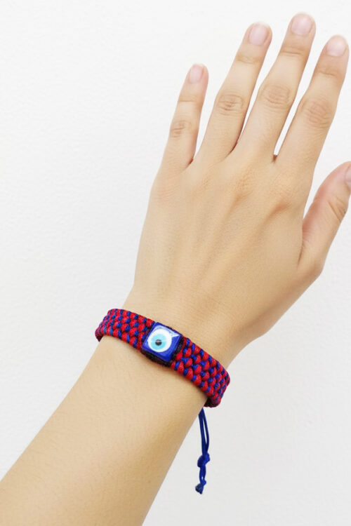 Red & Blue Woven Evil Eye Bracelet - Wide Macramé Friendship Band with Square Bead (3 Piece)