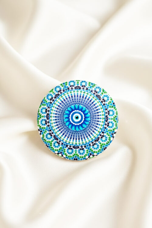 Vibrant Blue & Green Mandala Evil Eye Ceramic Coaster
