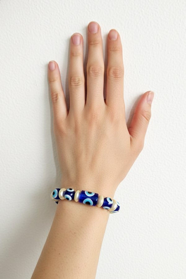 Royal Blue & Pearl-Tone Evil Eye Bracelet