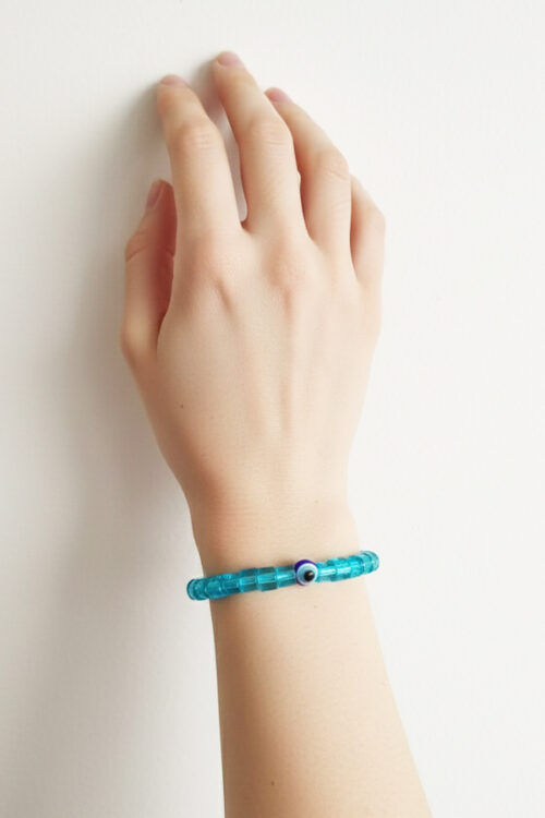Aqua Blue Cube Bead Evil Eye Bracelet
