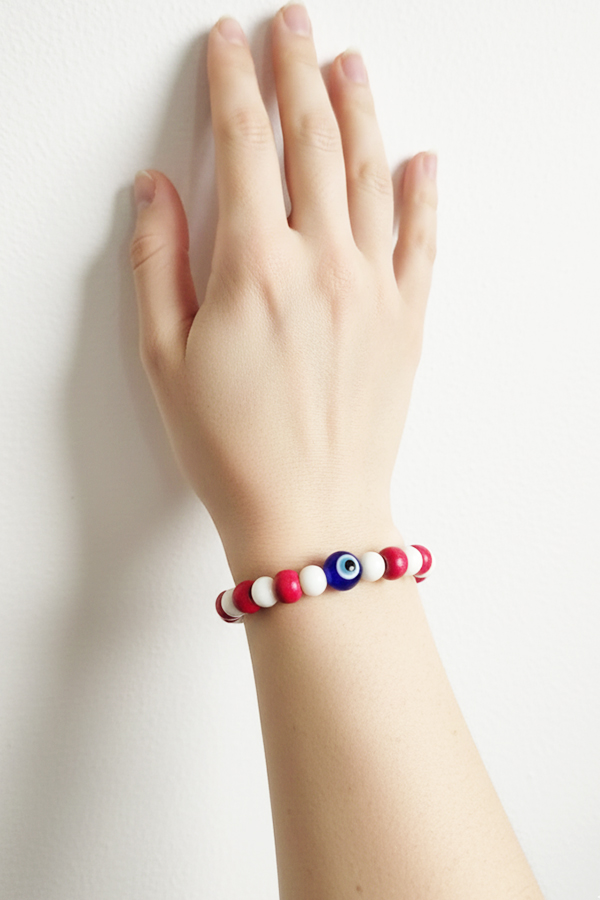 Rustic Red & White Wood Beaded Evil Eye Bracelet