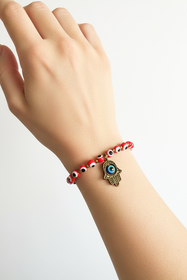 Red Hamsa Hand & Evil Eye Bead Bracelet
