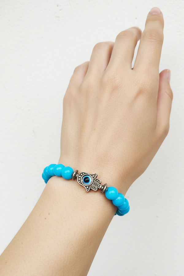 Turquoise Hamsa Hand Evil Eye Bracelet – Blue Healing Beads