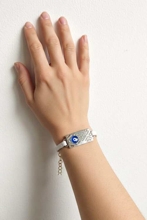 White Leather-Style & Geometric Metal Evil Eye Bracelet