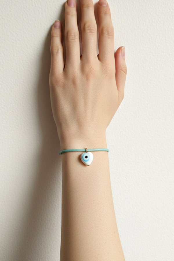 Aqua Leather & Heart Evil Eye Bracelet