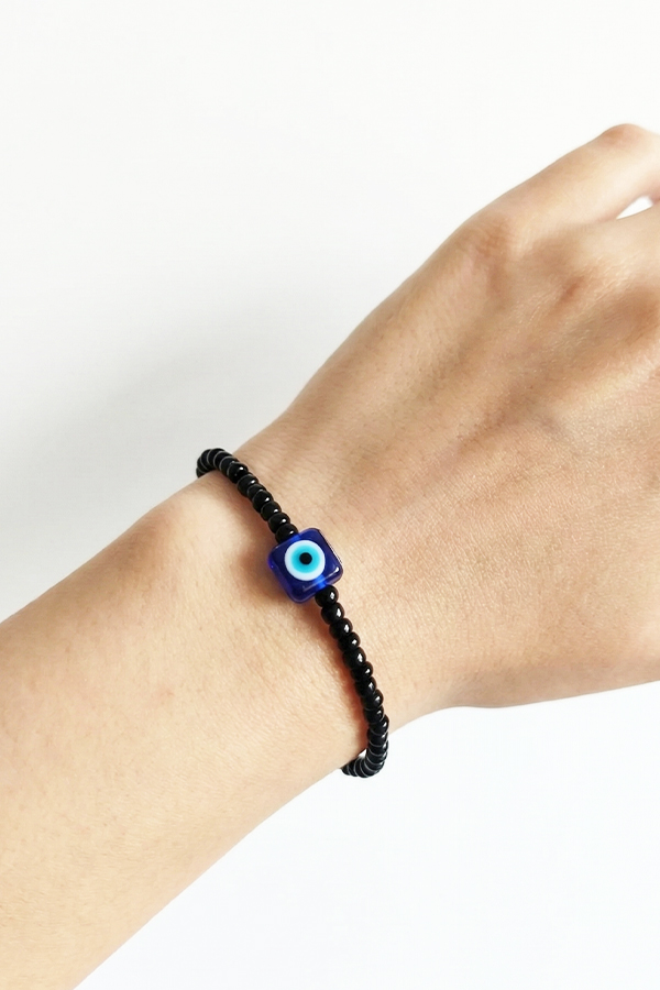 Minimalist Black Seed Bead & Blue Square Evil Eye Bracelet