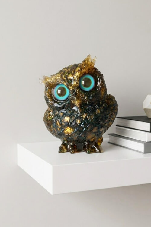 Mystical Amber & Moss Resin Owl Showpiece with Gold Flakes