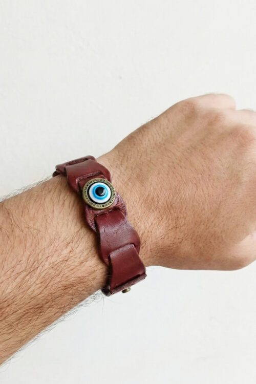 Men's Brown Leather Braided Bracelet with Antique Bronze Evil Eye Charm