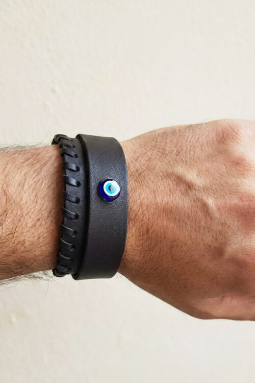Men’s Dark Brown Leather Bracelet with Stitch Detail & Evil Eye Accent