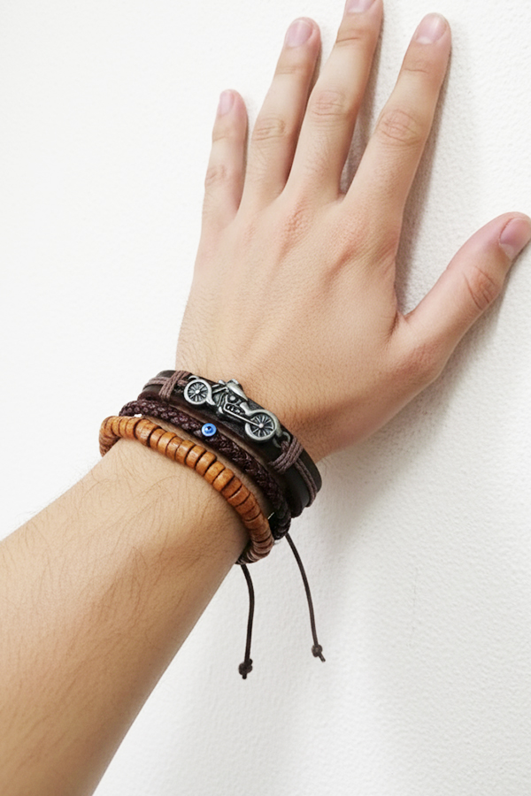 3-Piece Men's Bracelet Set with Wood Beads & Motorcycle Charm