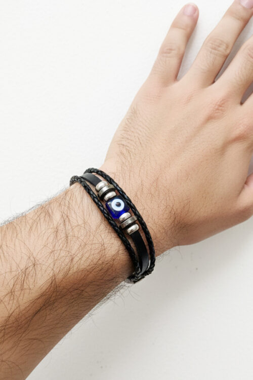 Men’s Black Leather Multi-Strand Bracelet with Square Evil Eye & Silver Accents