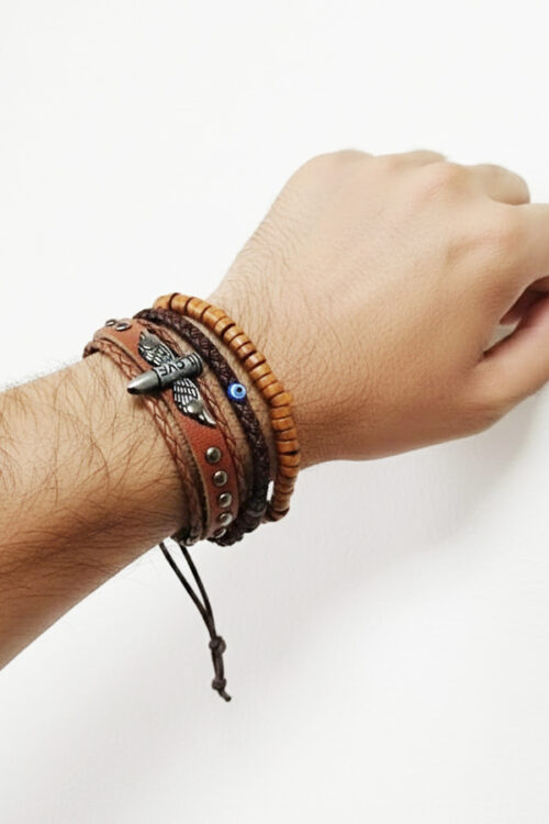 3-Piece Men's Bracelet Set with Wood Beads, Evil Eye & Motorcycle Charm