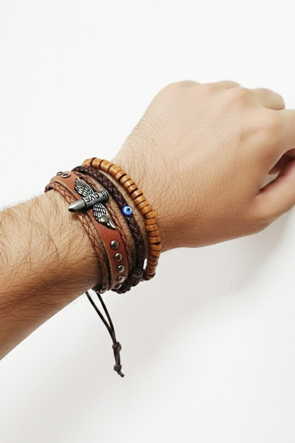 3-Piece Men's Bracelet Set with Wood Beads & Motorcycle Charm