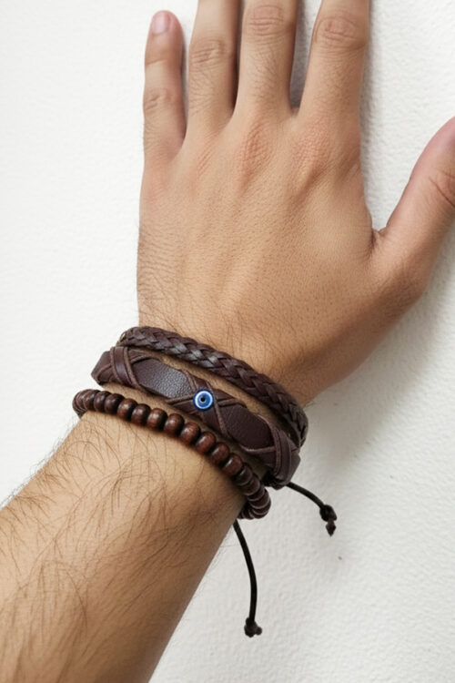 3-Piece Men's Bracelet Set with Wood Beads, Braided Leather & Evil Eye
