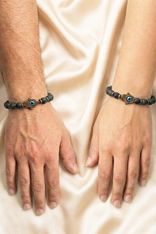 Unisex Black Lava Stone Bracelet with Hamsa Hand Evil Eye Charm