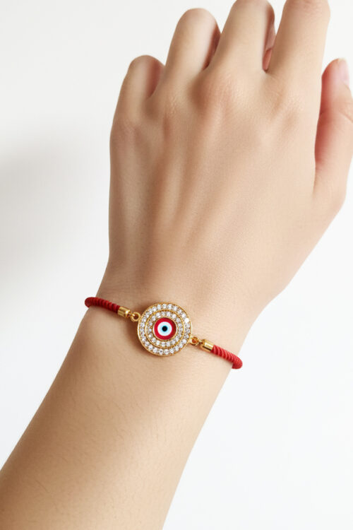 Adjustable Red Cord Bracelet with Crystal Pavé Evil Eye Charm