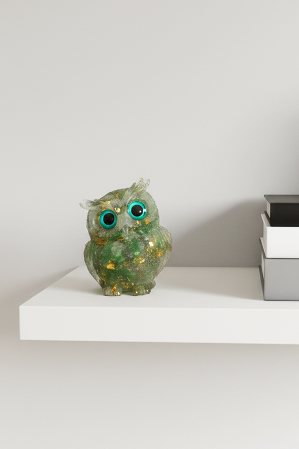 Enchanted Green Glitter Resin Owl Figurine with Teal Evil Eyes