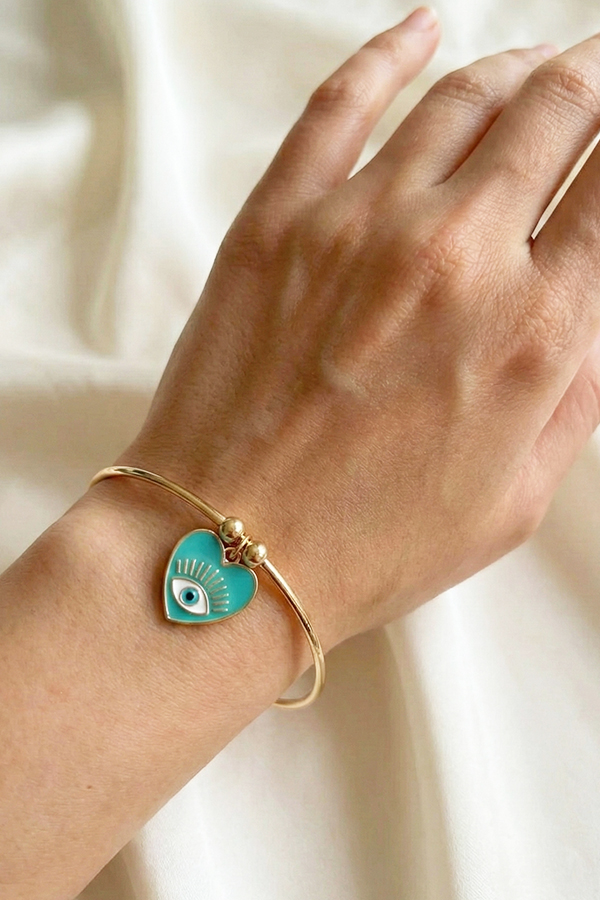 Gold-Toned Open Cuff Bangle with Teal Enamel Heart