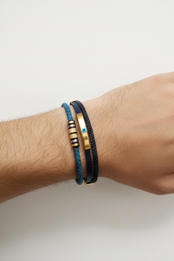 Men's Multi-Strand Blue Leather Bracelet with Gold Evil Eye Bar