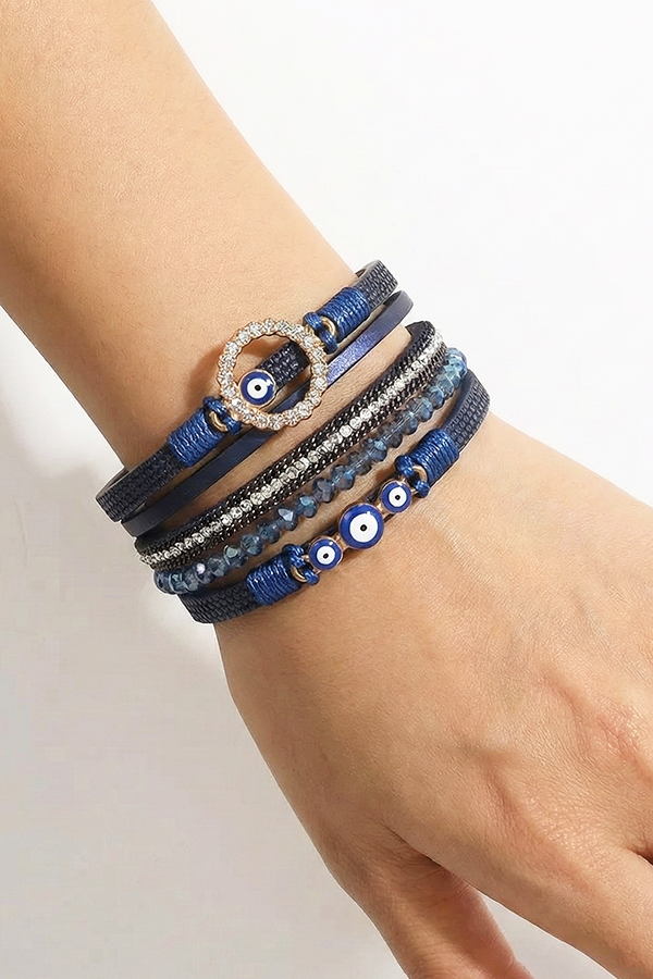 Navy Blue Crystal & Leather Layered Evil Eye Cuff