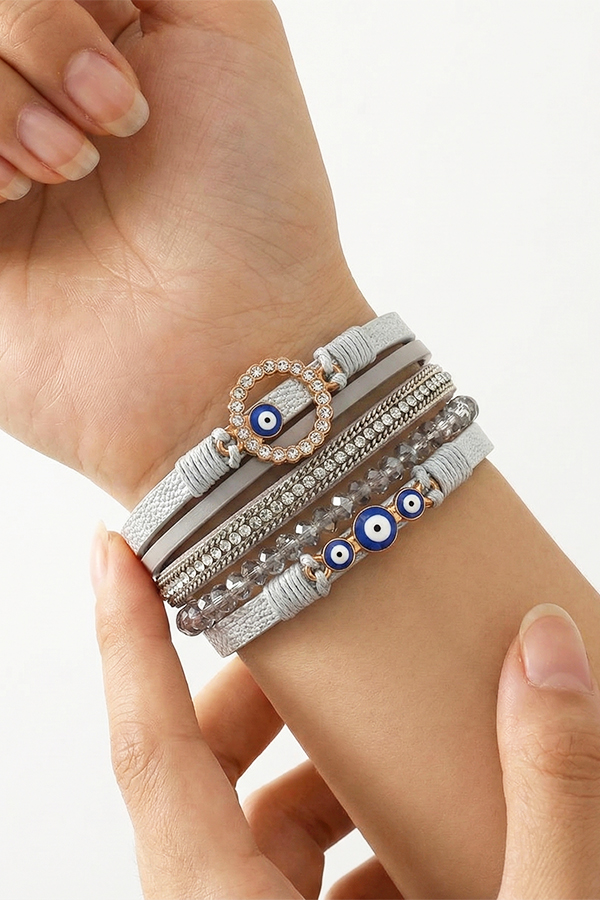 White & Silver Crystal Layered Evil Eye Cuff