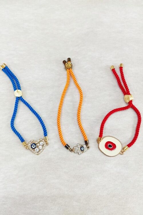 3-Piece Hamsa, Heart & Oval Evil Eye Adjustable Cord Bracelet Combo (Blue, Orange, Red)
