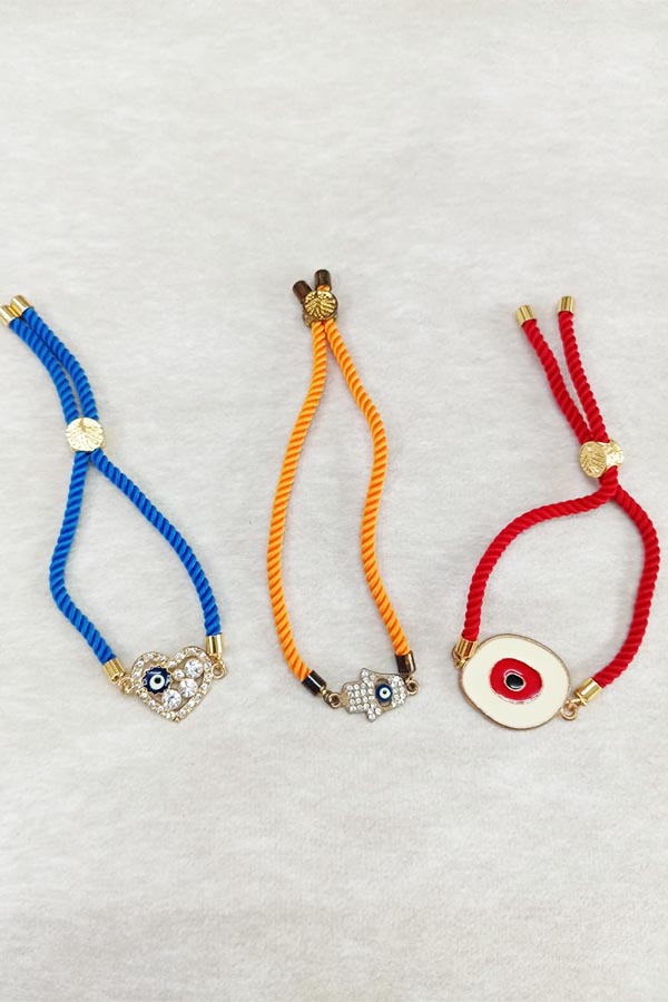 3-Piece Hamsa, Heart & Oval Evil Eye Adjustable Cord Bracelet Combo (Blue, Orange, Red)