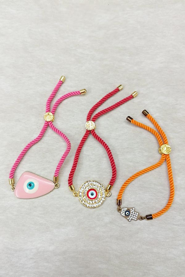 Pink, Red & Orange Hamsa Evil Eye Adjustable Bracelet Combo – Set of 3