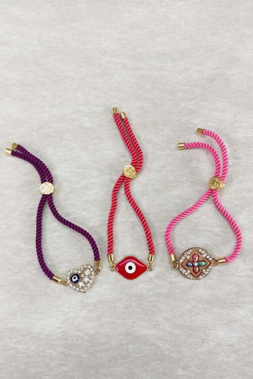 3-Piece Crystal Heart, Red Evil Eye & Multi-Eye Starburst Adjustable Cord Bracelet Combo (Purple, Red, Pink)
