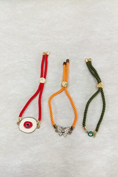 3-Piece Oval Red Evil Eye, Butterfly & Green Evil Eye Adjustable Cord Bracelet Combo (Red, Orange, Olive Green)