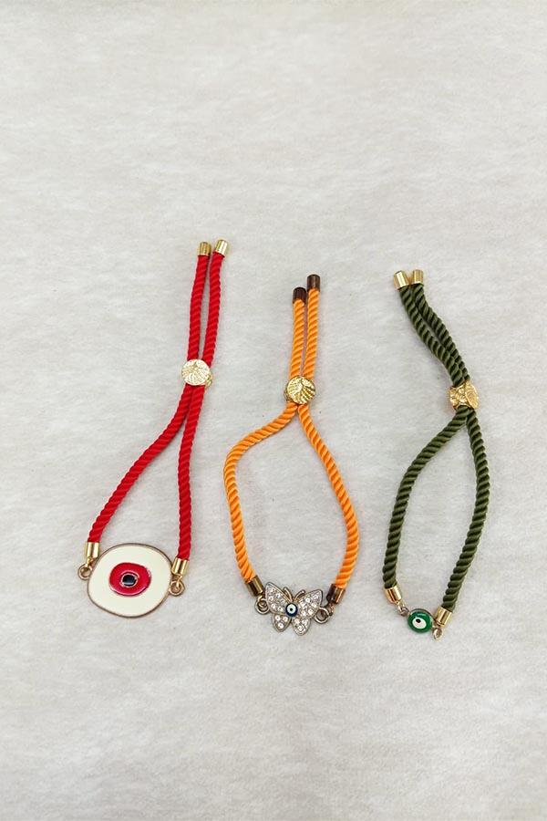 3-Piece Oval Red Evil Eye, Butterfly & Green Evil Eye Adjustable Cord Bracelet Combo (Red, Orange, Olive Green)